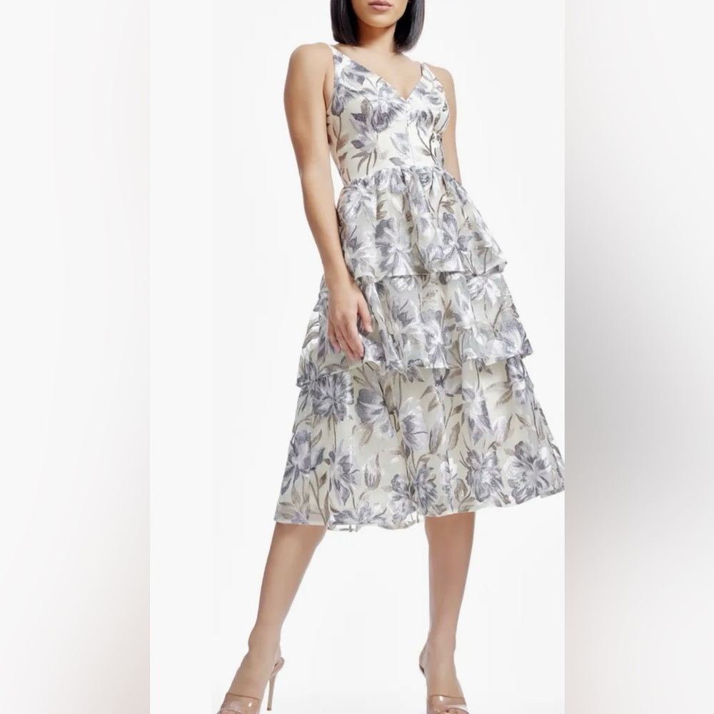 Dress the Population Ivory and Gray Floral Midi Dress